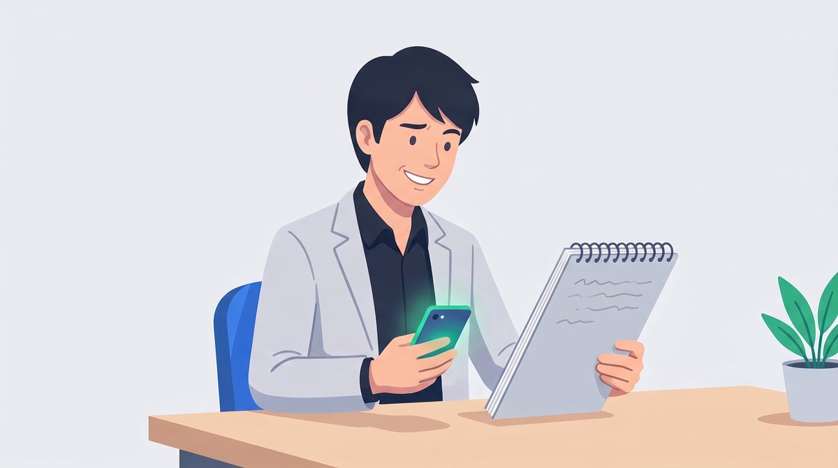 自分で書いたノートを手に、スマートフォンに届いた返事を読んで苦笑いする島田