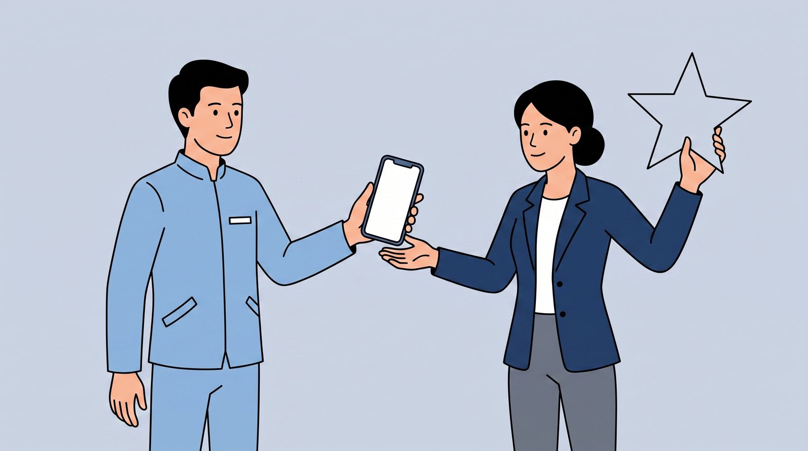施術者が撮った動画を手渡し、受け取った側が評価の星を掲げているイラスト