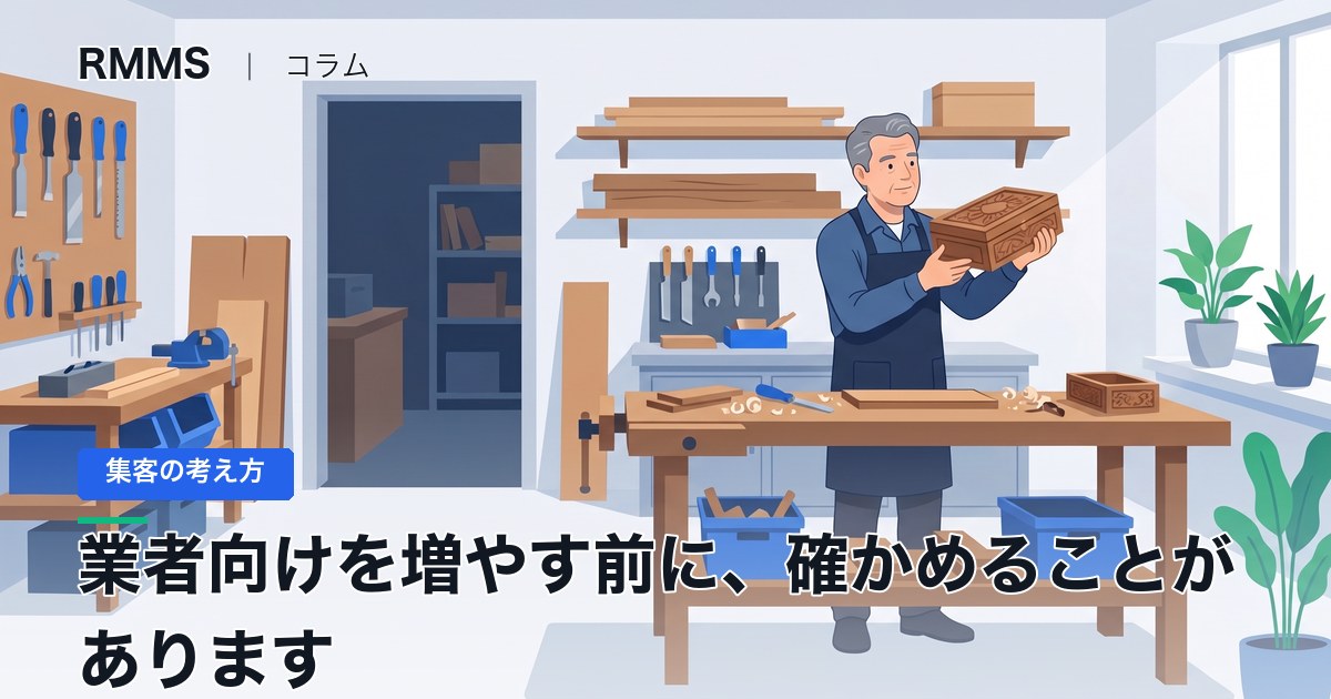 自社で製作した品を前に、業者向けの受注をどう広げるか考える社長
