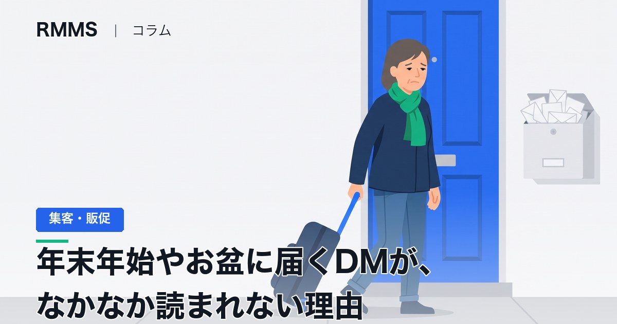 旅行から帰ってきた女性が、郵便物のたまった郵便受けを前に疲れた顔をしている
