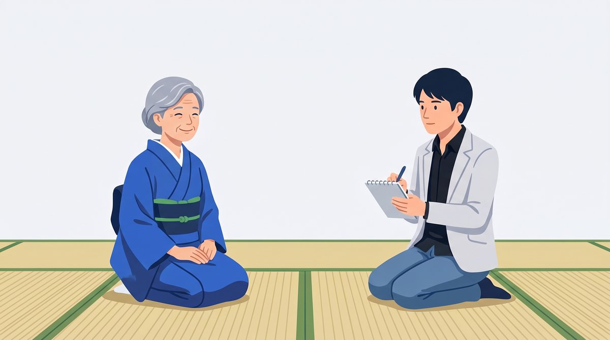 畳の部屋で、話をするお客様の向かいに座って聞く島田