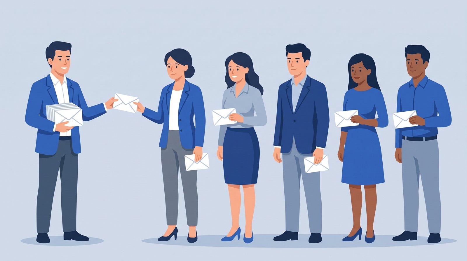 束ねた案内を一人ずつに手渡し、5人が受け取っている様子を表したイラスト