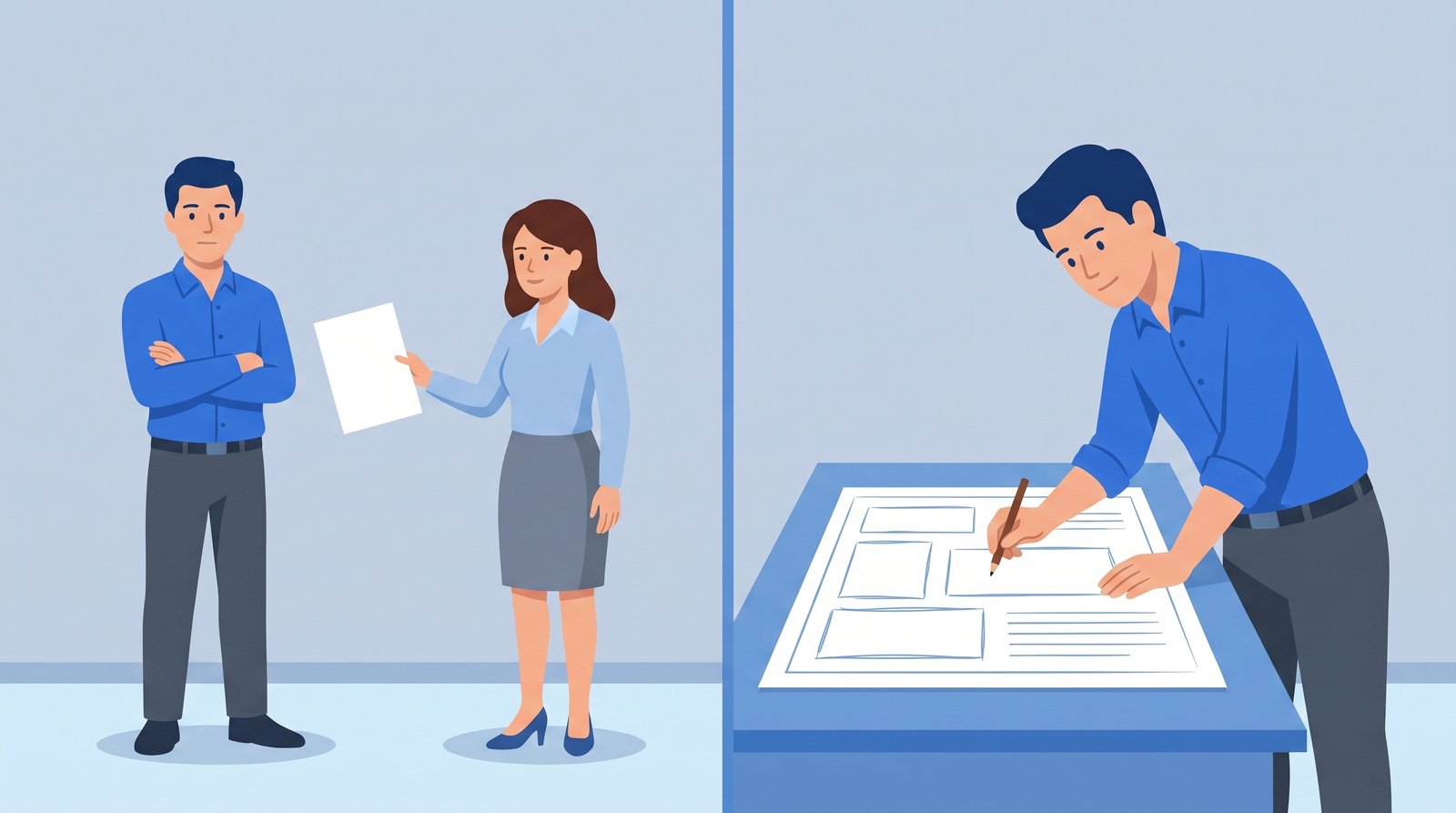 代理店から仕上がったチラシを受け取るだけの社長と、自分で下絵を描く社長を左右で見比べたイラスト