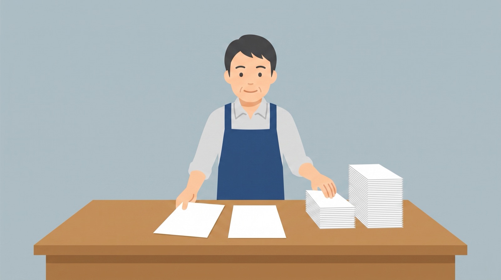 二種類のチラシを並べ、返ってきたハガキを二つの山に分けて数える店主のイラスト