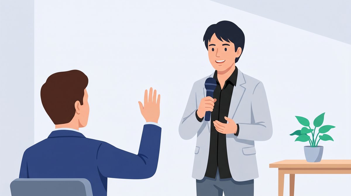 マイクを持って会場に話す島田と、手を挙げる参加者