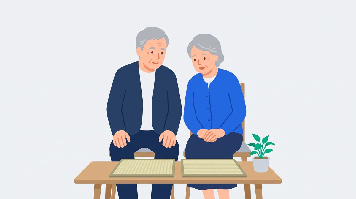 畳店の社長の説明を聞きながら、ぴんとこない様子で顔を見合わせているお客様のご夫婦のイラスト