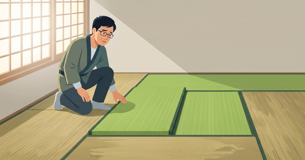 3枚だけの畳張り替えの依頼を受けるかどうか迷っている畳店の社長のイラスト