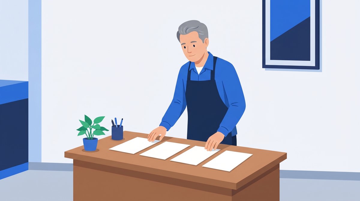 打ち合わせの机に、ニュースレターの原稿と記事の下書き、価格表を並べて見せている場面