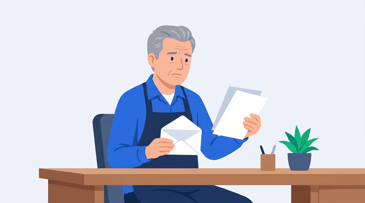 封筒を手に、別々の案内2枚を同じ封筒に入れるか迷う社長