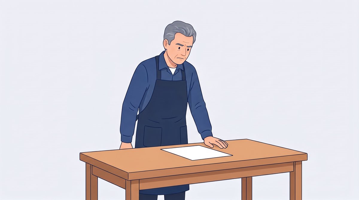 天然のい草と新しい表面材を両方置いた工房で、価格表を手に考えている畳店の社長のイラスト