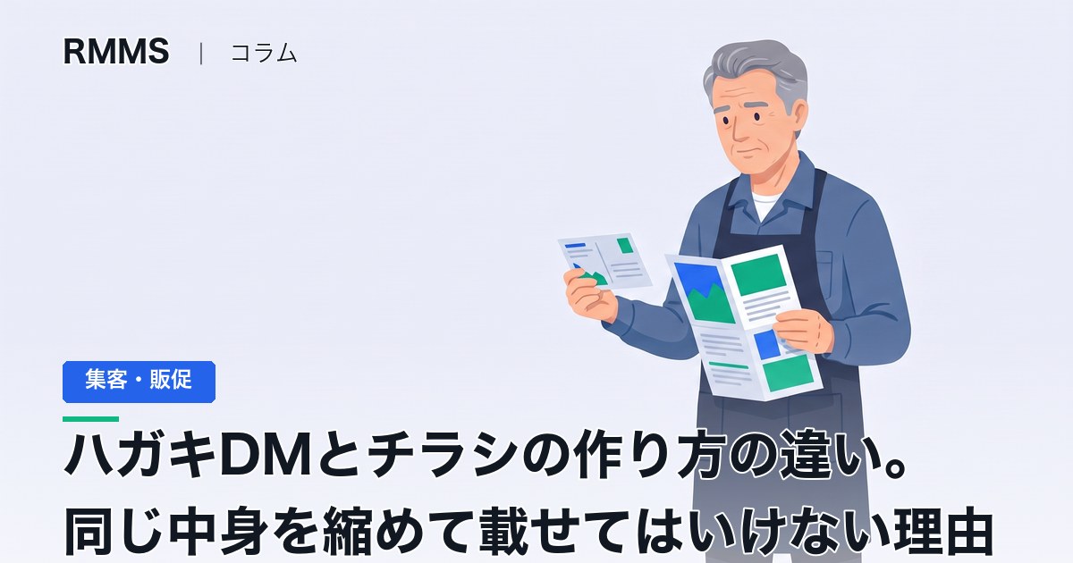 小さなハガキと大きなチラシを両手に持って見比べる前掛けの社長