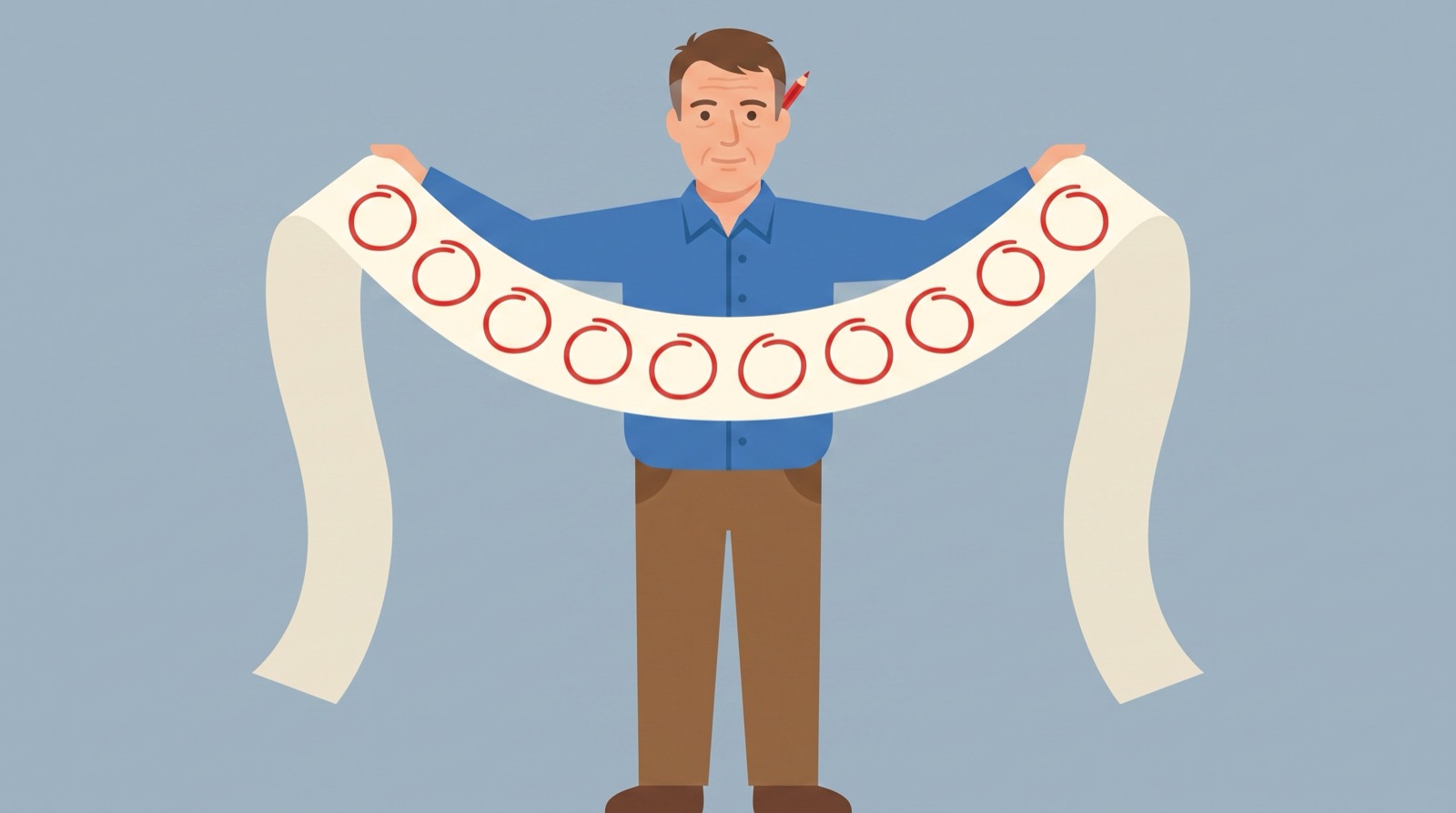 長い紙の年表を胸の前に広げ、いくつかの出来事に赤い丸をつけた男性のイラスト