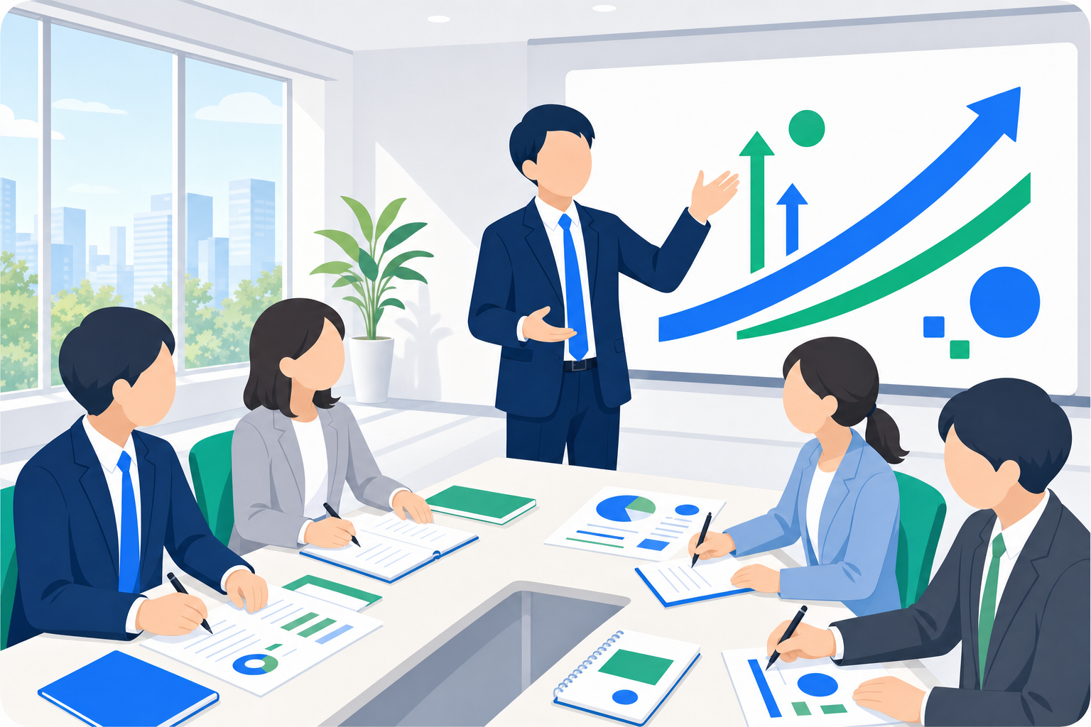 ホワイトボードの成長グラフを示しながら、テーブルを囲む社長たちに語る島田光章