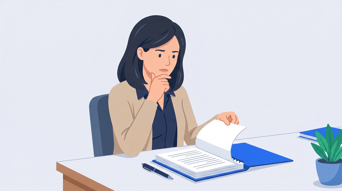 提案書を最初のページから読み直す女性経営者