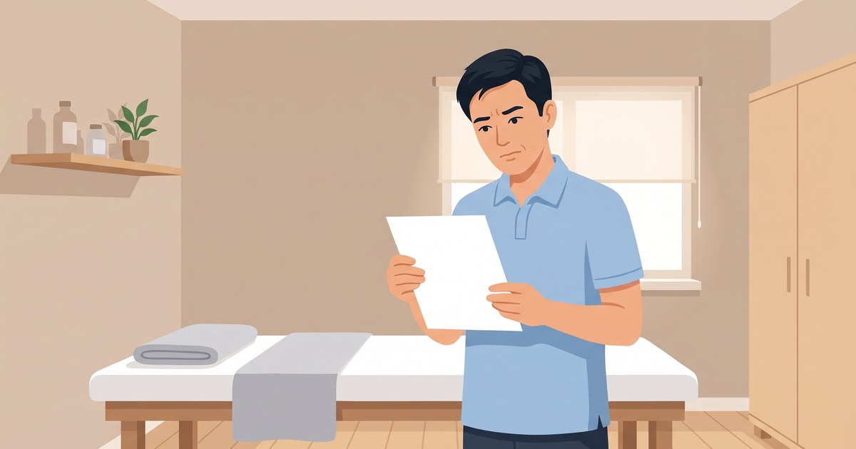 患者様に渡すチラシを手に、伝わるかどうかを考え込む治療院の先生のイラスト
