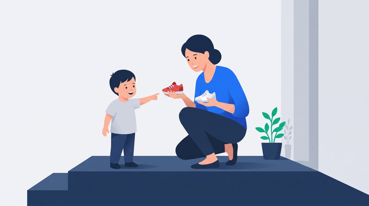 玄関で赤い靴と白い靴を見せ、子どもに選ばせる母親
