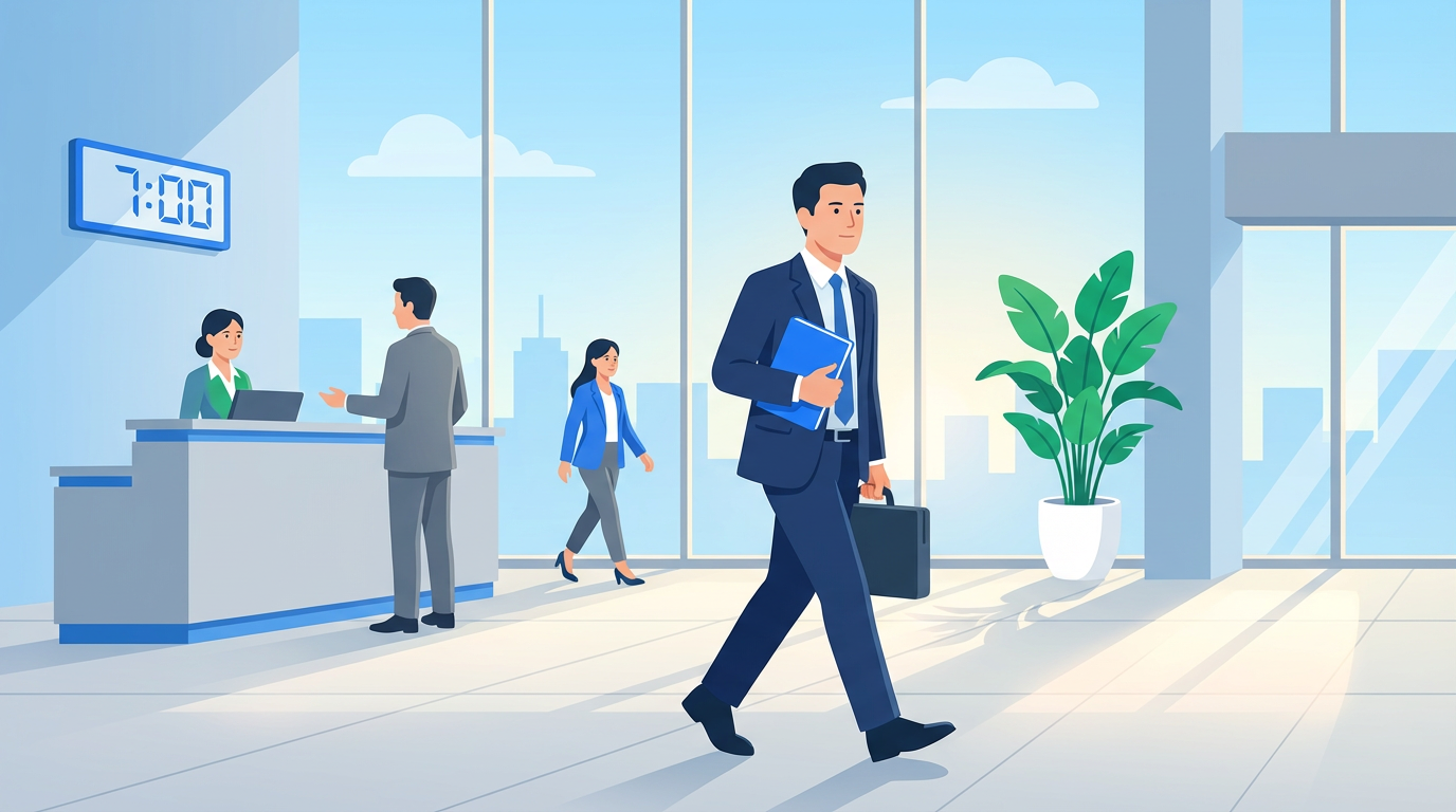 早朝の駅ホームに立つビジネスパーソン