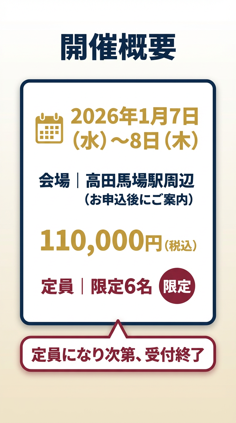 開催概要 - 2026年1月7日〜8日、110,000円、定員6名