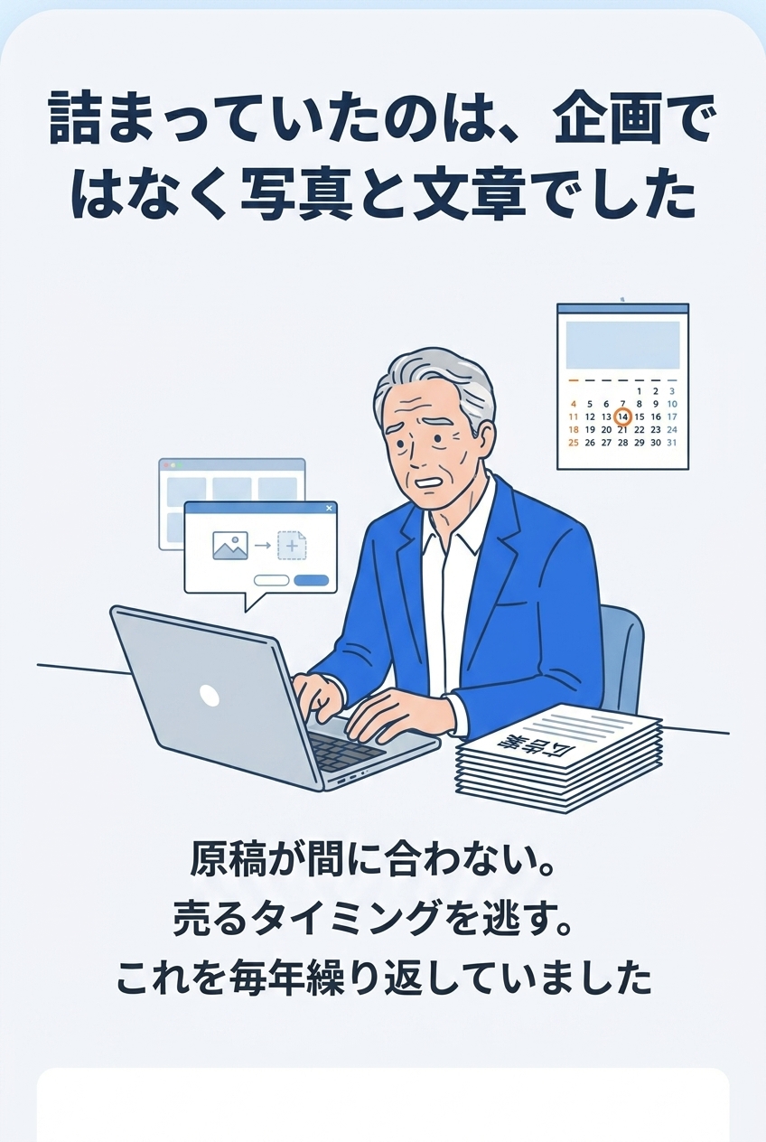 詰まっていたのは、企画ではなく写真と文章でした